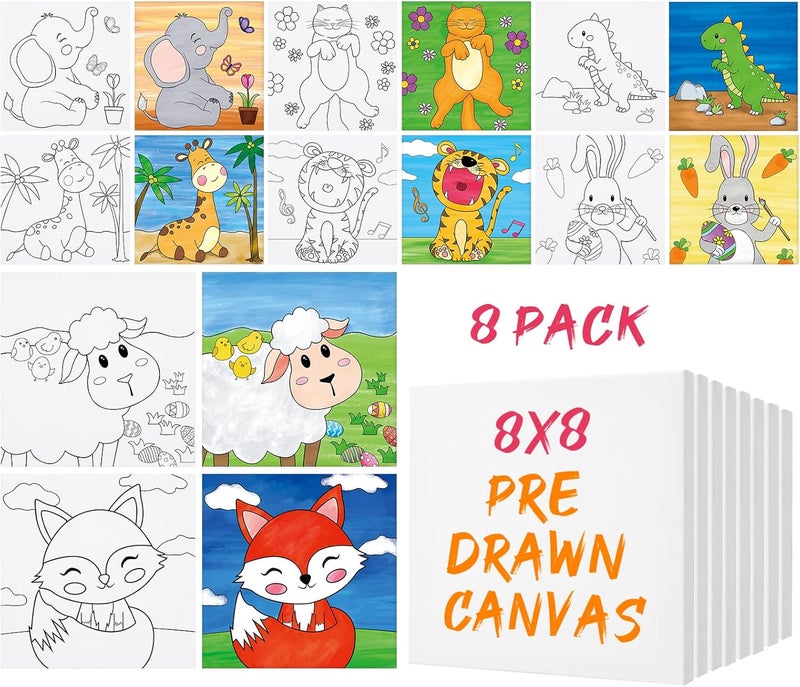 Anseal 8 Pack Pre Drawn Canvas for Painting, 8" X 8" Cute Animals Painting Canvas Bulk, Art Canvases for Painting for Kids Students School Home, Easter Gifts - Image 1